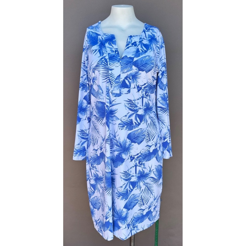 Banana Boat Women's X-Large Long Sleeve Dress UPF 50+ Blue White Floral V-neck